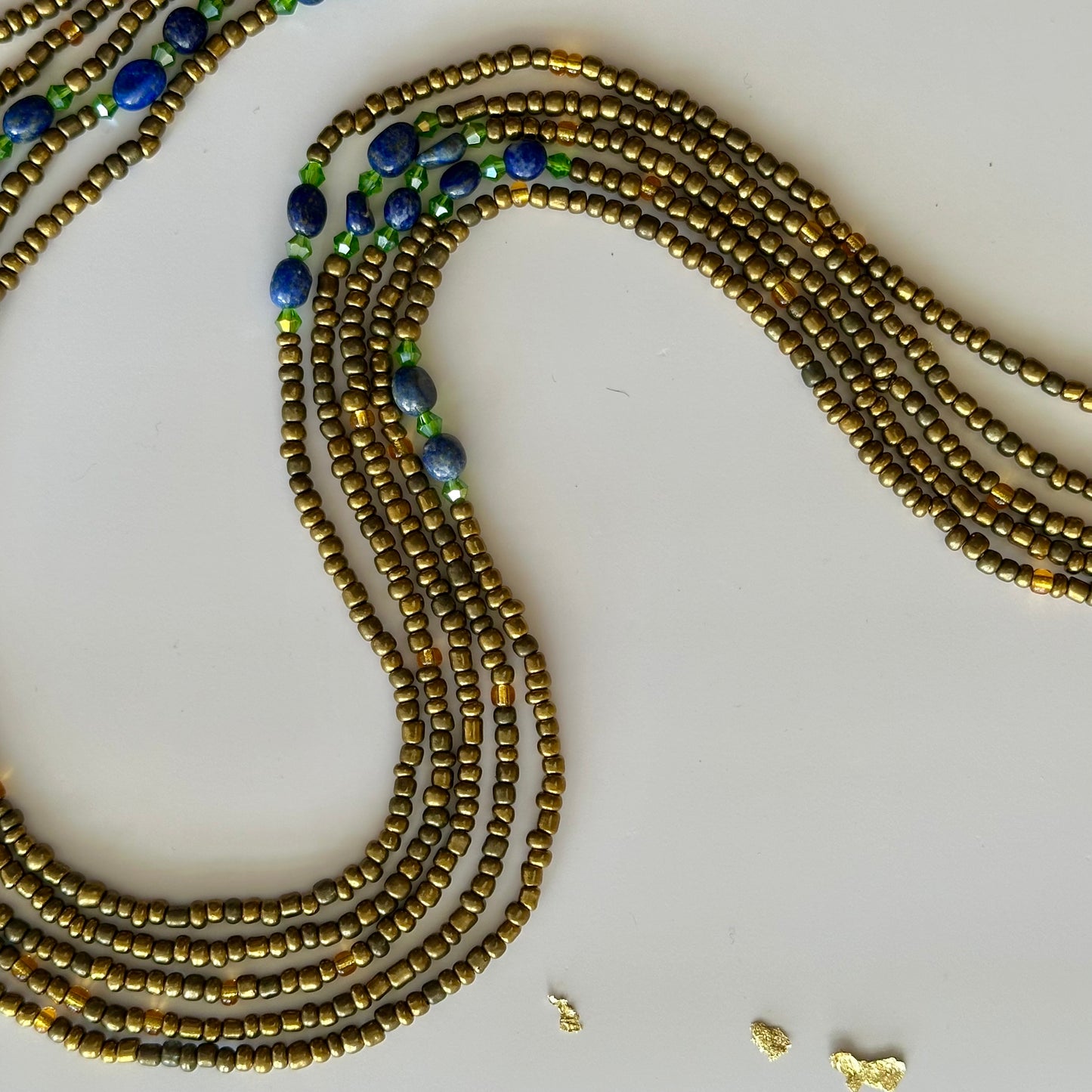 Siwa – Gold & Green Tie-on Waistbeads with Lapis