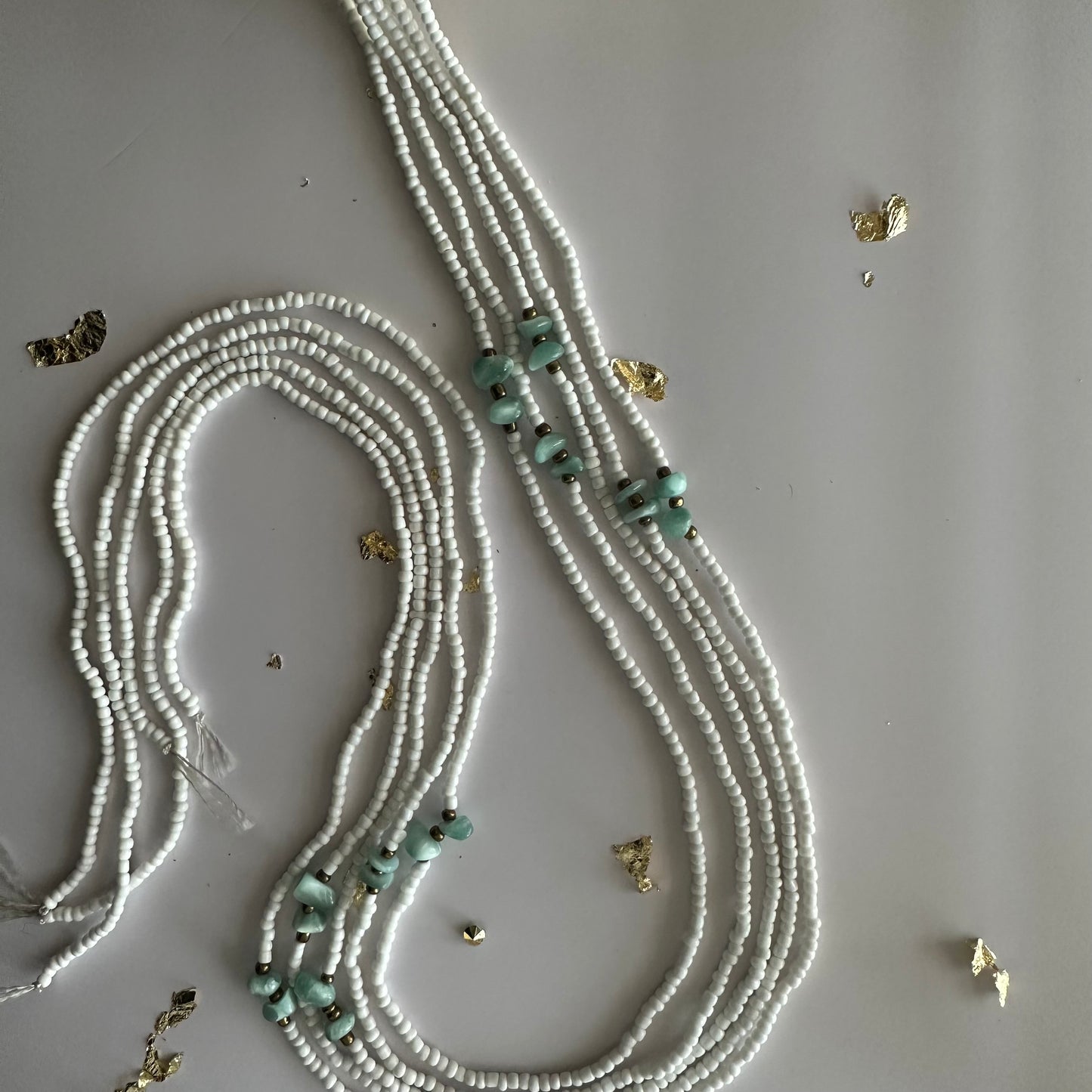 Yao – White & Gold Tie-on Waistbeads with Green Moonstone Nuggets