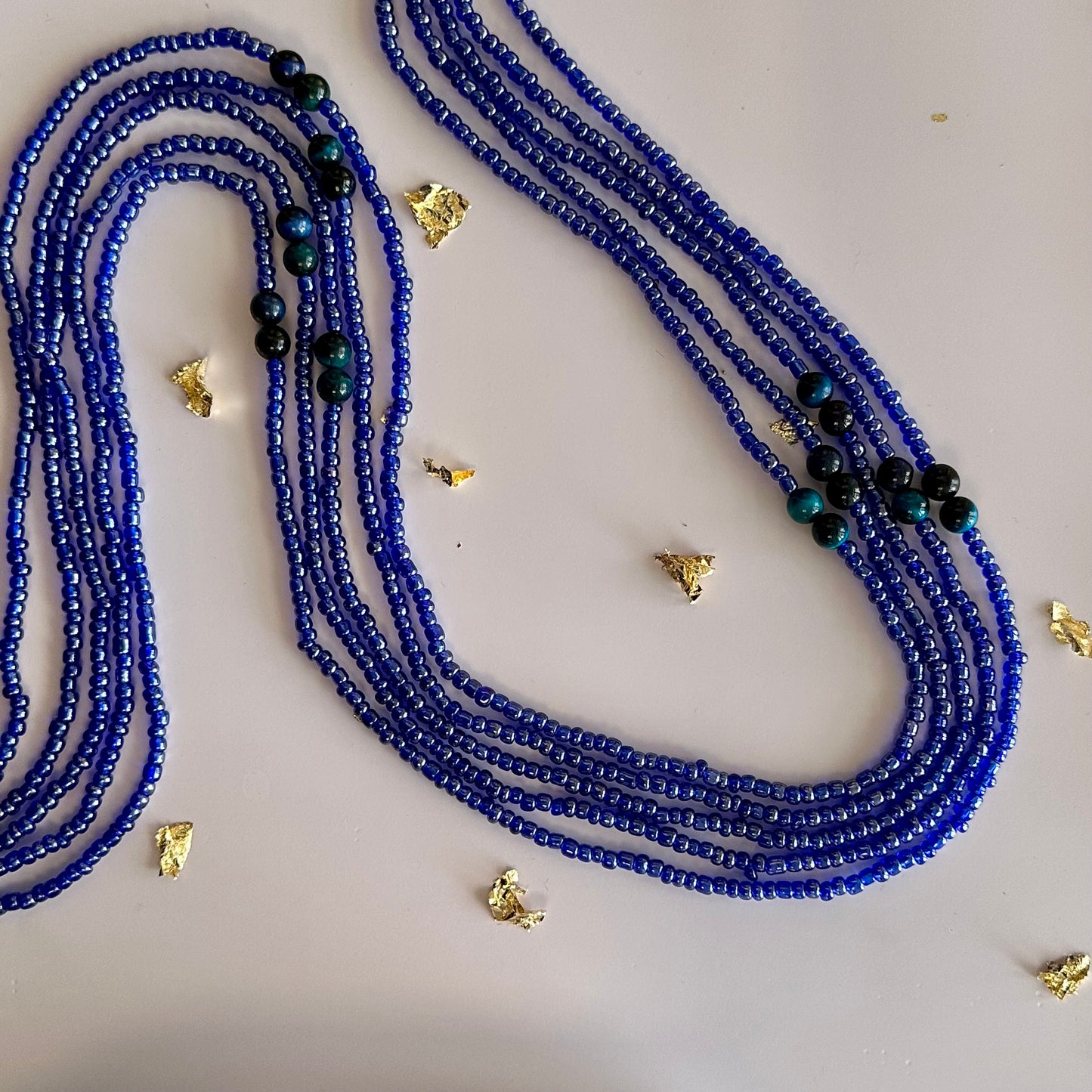 Sango – Dark Blue Waist Beads with Aqua Dyed Tiger’s Eye