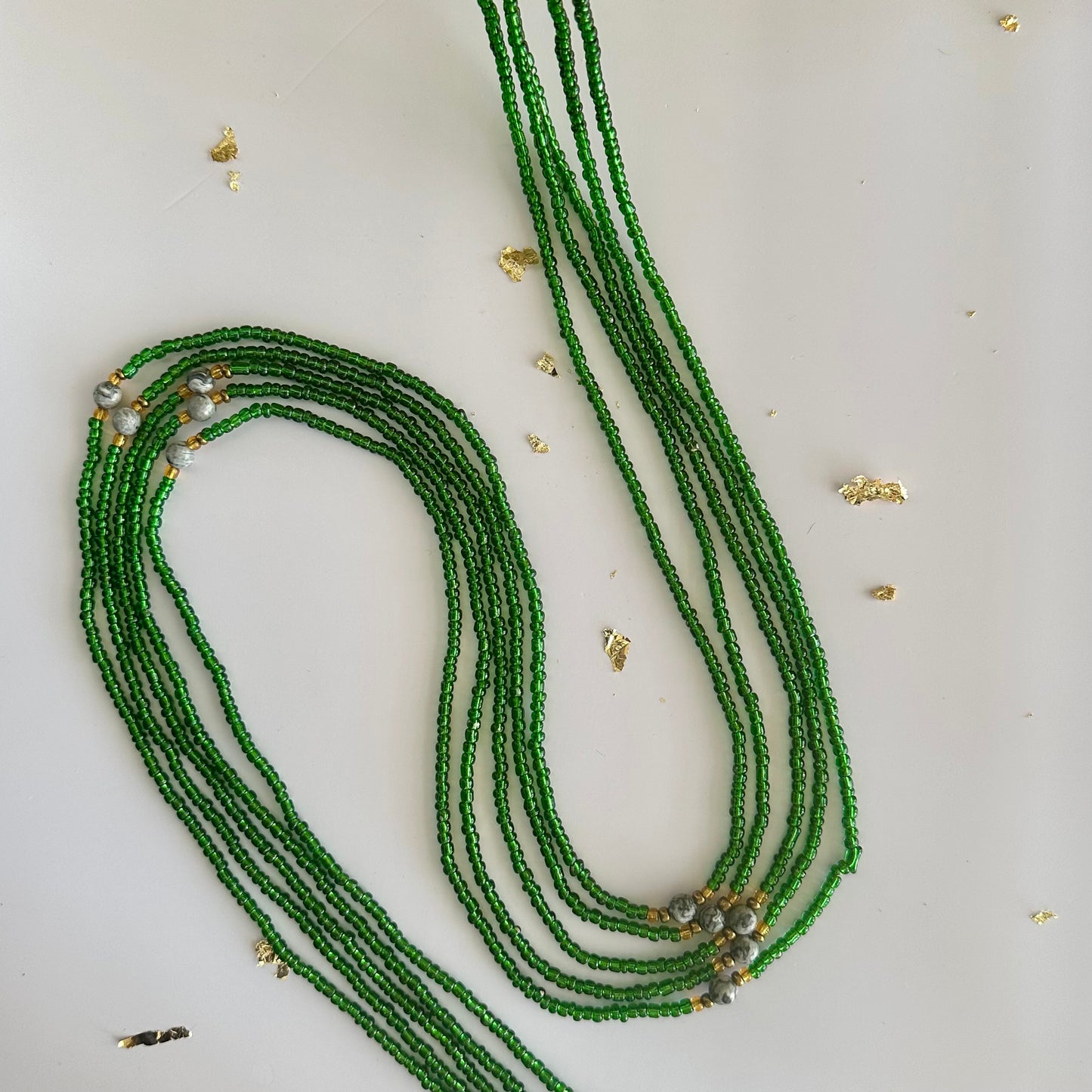 Baganda – Green & Gold Tie-on Waistbeads with Moonstone