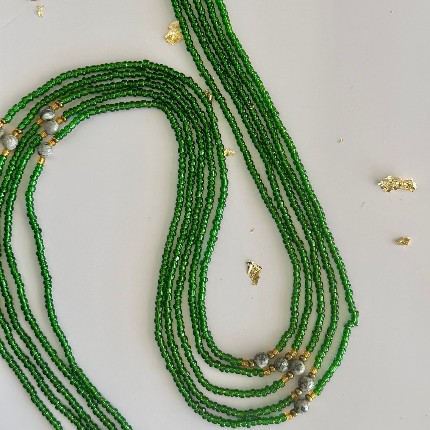 Baganda – Green & Gold Tie-on Waistbeads with Moonstone