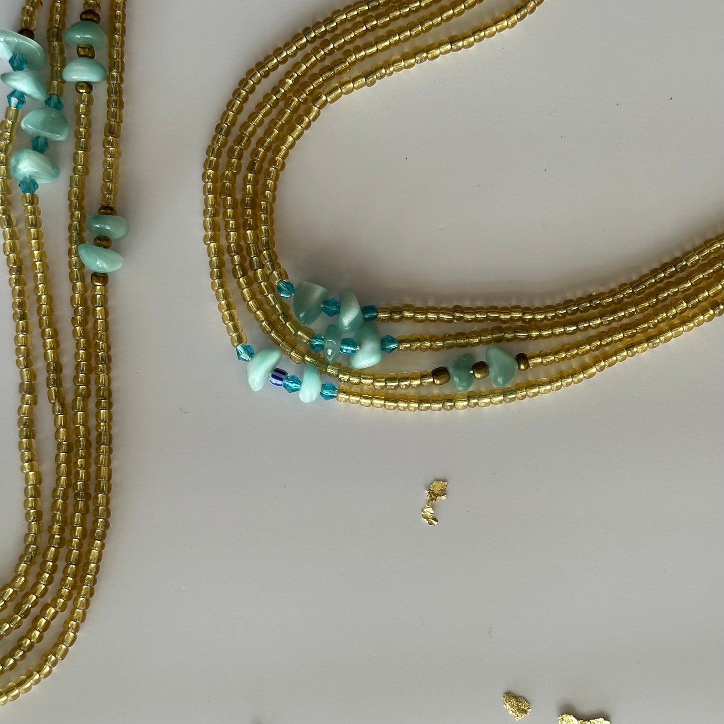 Masmouda – Bright Light Gold Tie-on Waistbeads with Green Moonstone Nuggets