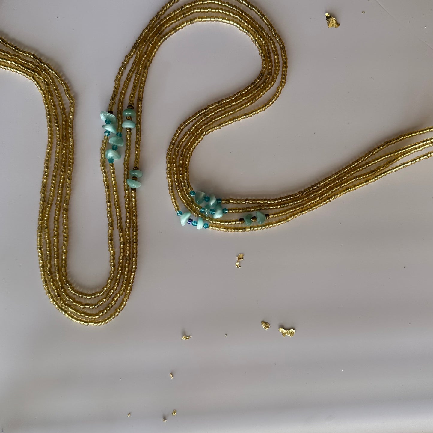 Masmouda – Bright Light Gold Tie-on Waistbeads with Green Moonstone Nuggets