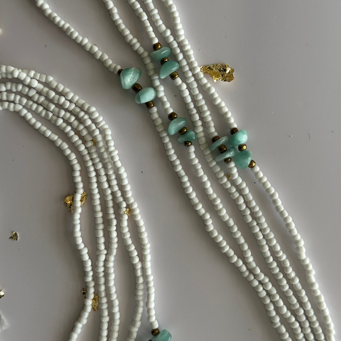 Yao – White & Gold Tie-on Waistbeads with Green Moonstone Nuggets