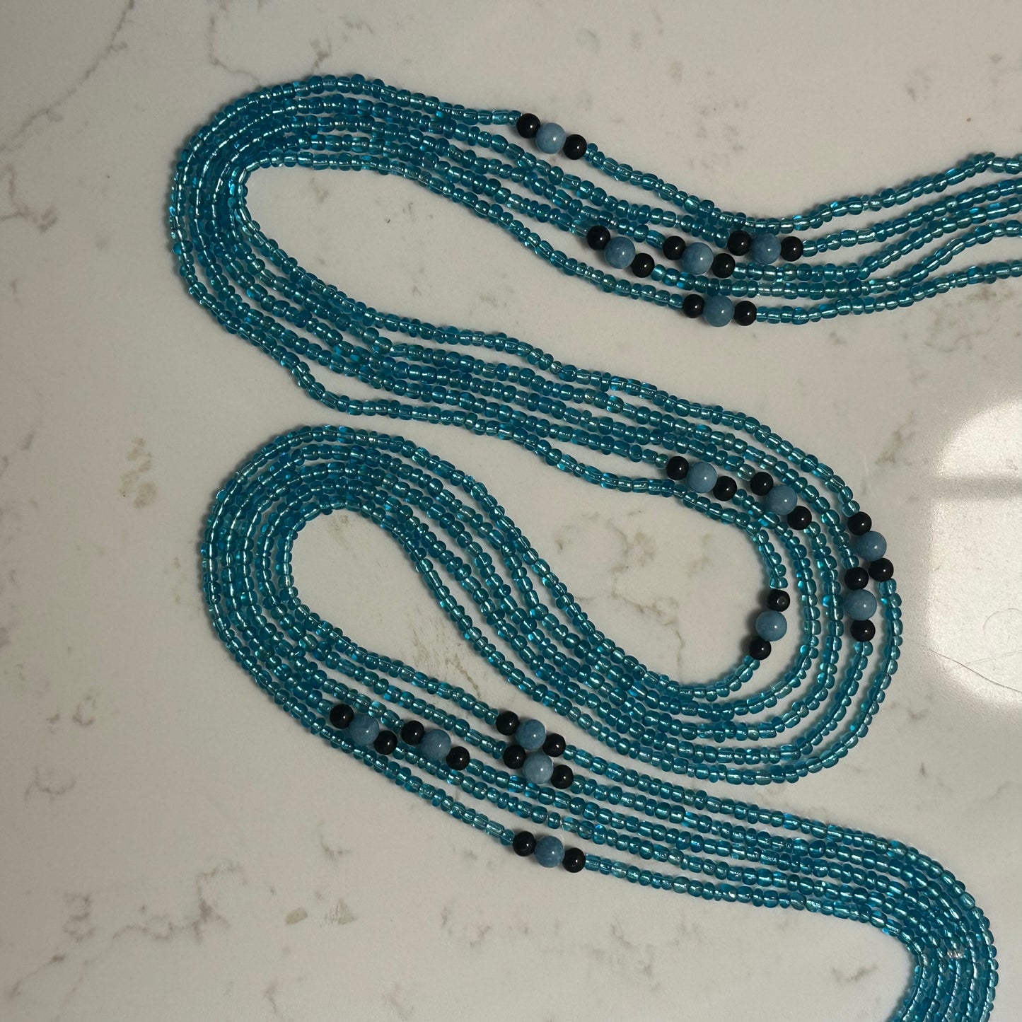 Lunda – Light Blue & Black Waist Beads with Aquamarine