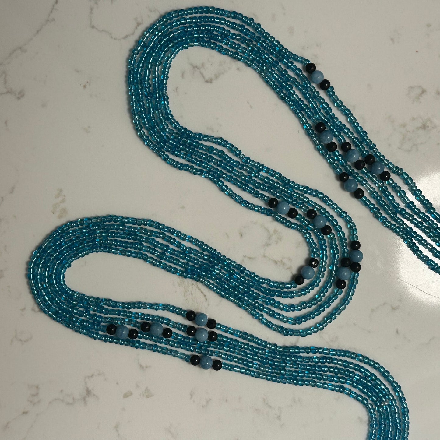 Lunda – Light Blue & Black Waist Beads with Aquamarine