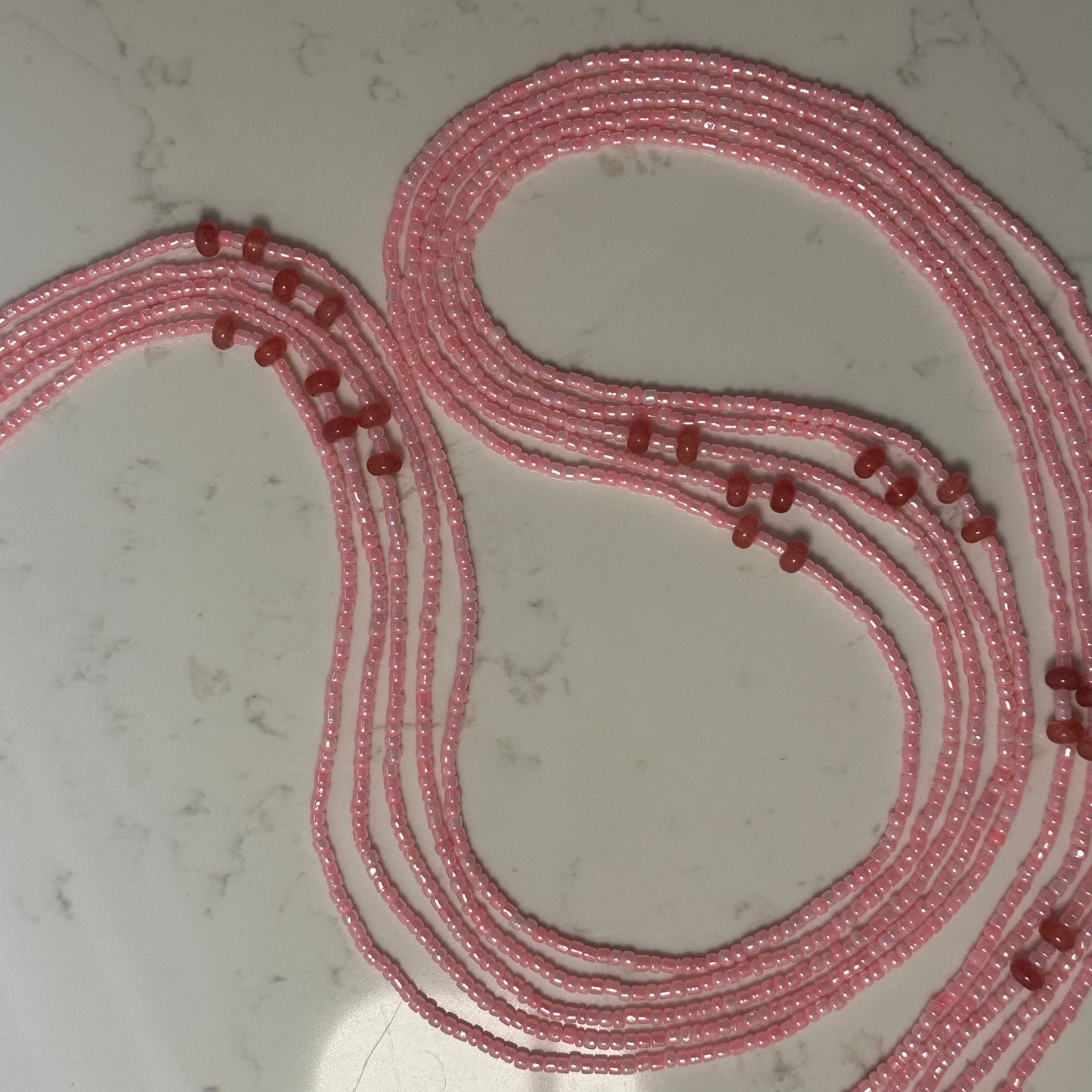 Mossi – Baby Pink Tie-on WaistBeads with Strawberry Butted Jade