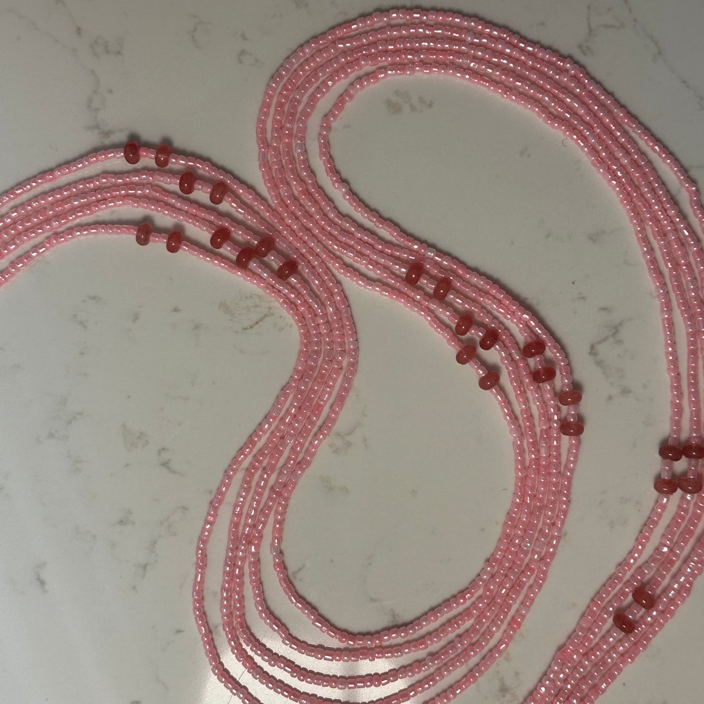 Mossi – Baby Pink Tie-on WaistBeads with Strawberry Butted Jade