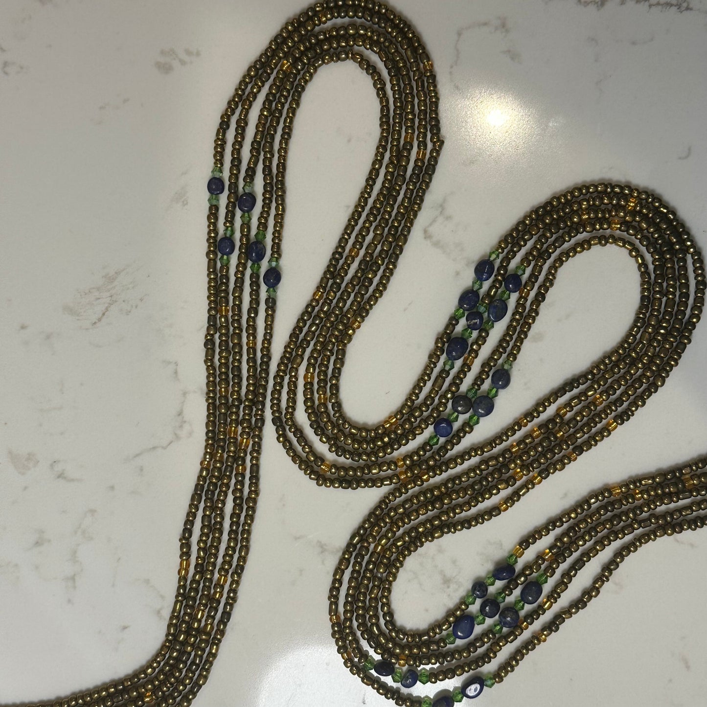 Siwa – Gold & Green Tie-on Waistbeads with Lapis