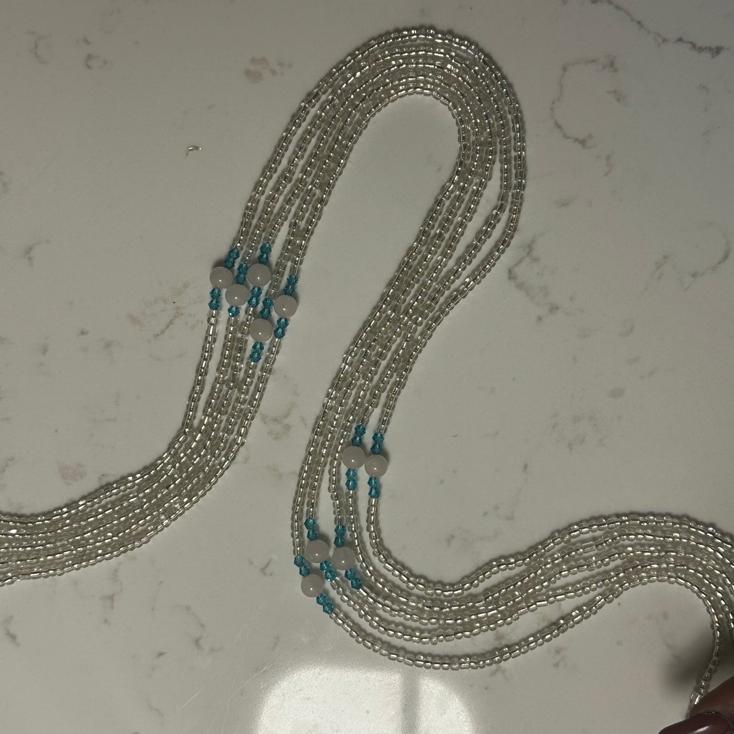 San – Clear & Blue Tie-on Waistbeads with Rose Quartz