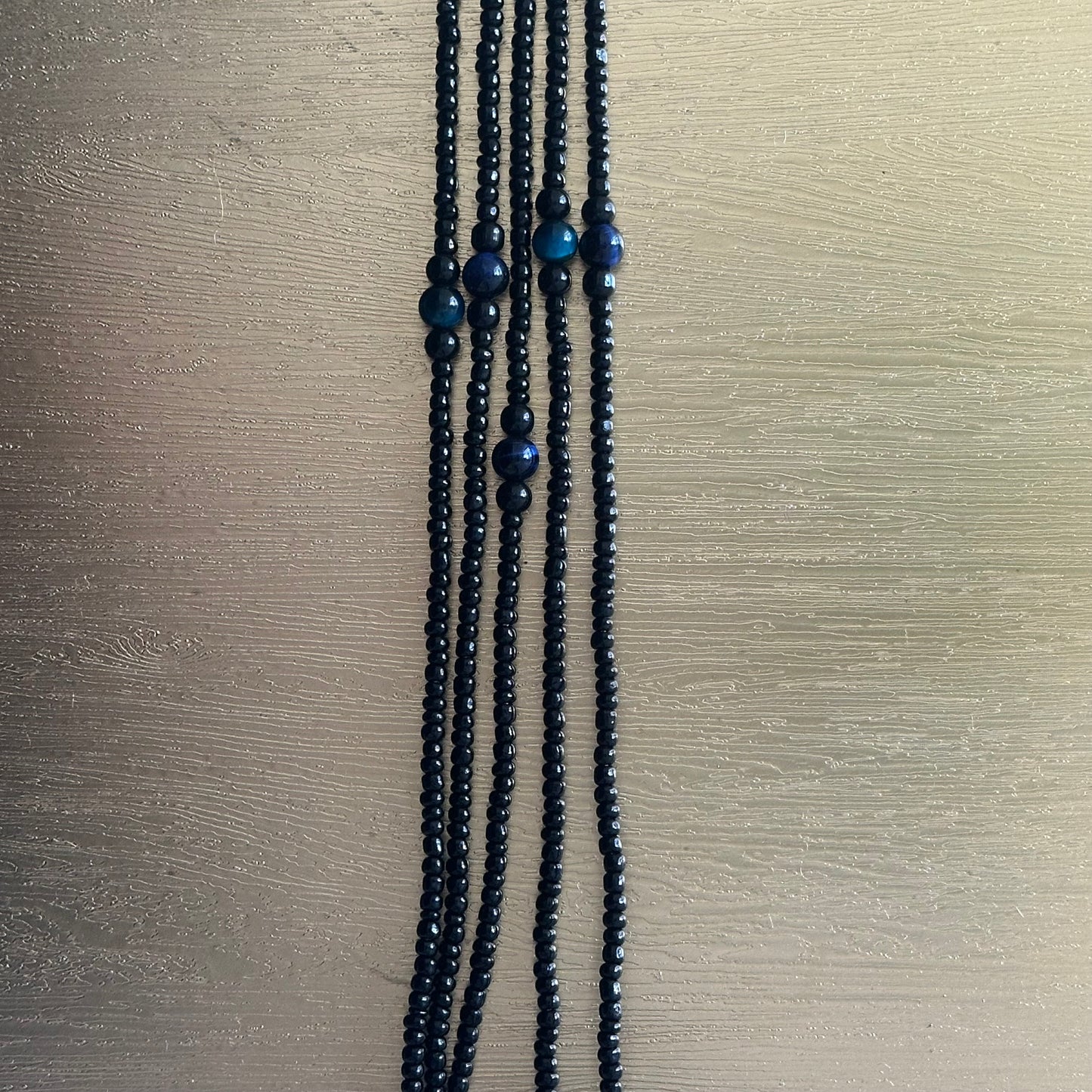 Pedi – Black Waist Beads with Aqua Dyed Tiger’s Eye