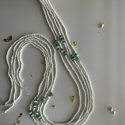 Yao – White & Gold Tie-on Waistbeads with Green Moonstone Nuggets