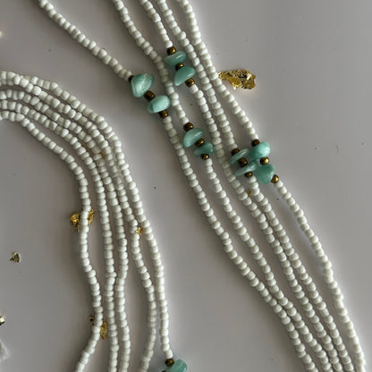 Yao – White & Gold Tie-on Waistbeads with Green Moonstone Nuggets