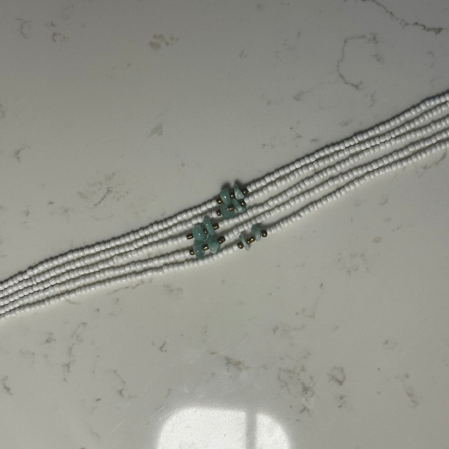 Yao – White & Gold Tie-on Waistbeads with Green Moonstone Nuggets
