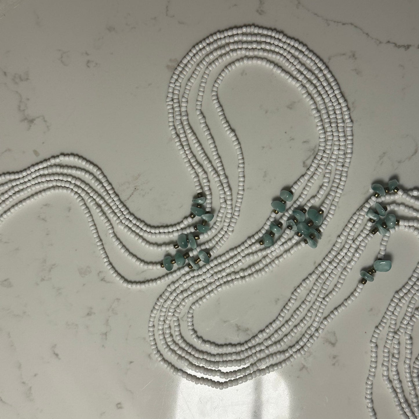 Yao – White & Gold Tie-on Waistbeads with Green Moonstone Nuggets