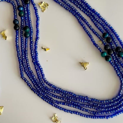 Sango – Dark Blue Waist Beads with Aqua Dyed Tiger’s Eye
