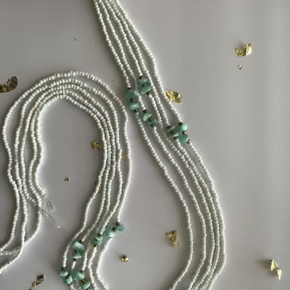 Yao – White & Gold Tie-on Waistbeads with Green Moonstone Nuggets
